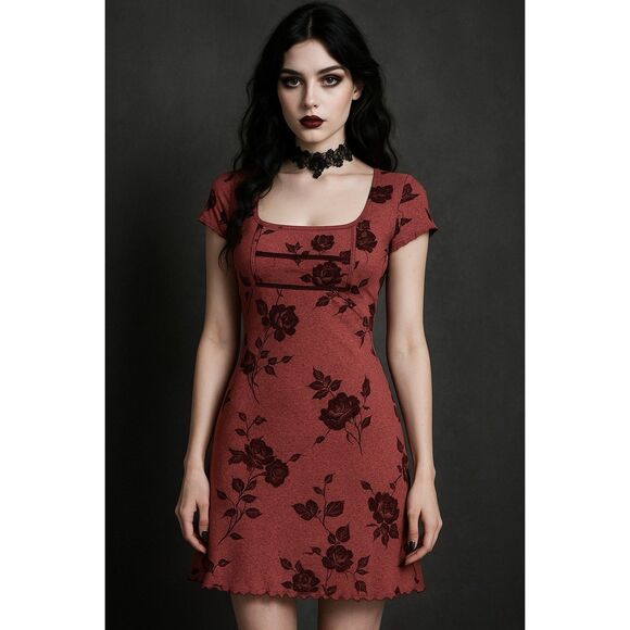Y2K Goth Women’s Small Red Velvet Rose Floral Dress Square Neck Bodycon Romantic - Picture 1 of 12